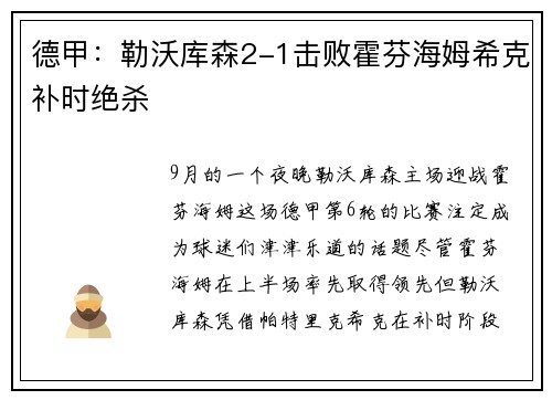 德甲：勒沃库森2-1击败霍芬海姆希克补时绝杀