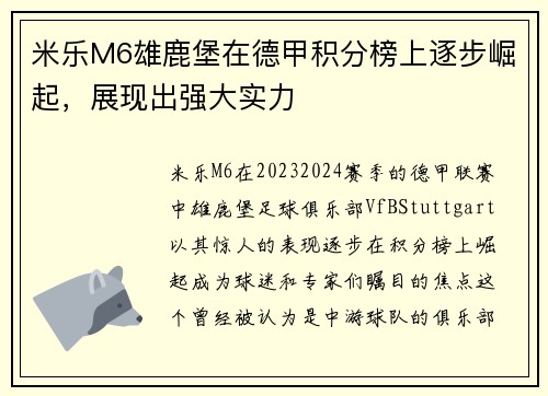 米乐M6雄鹿堡在德甲积分榜上逐步崛起，展现出强大实力