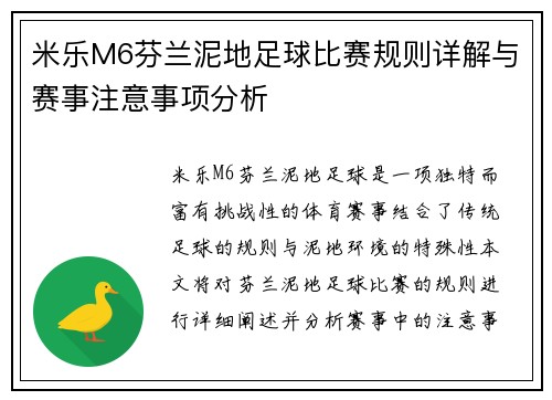 米乐M6芬兰泥地足球比赛规则详解与赛事注意事项分析