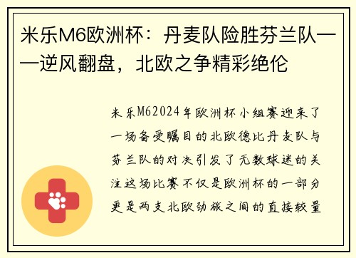 米乐M6欧洲杯：丹麦队险胜芬兰队——逆风翻盘，北欧之争精彩绝伦